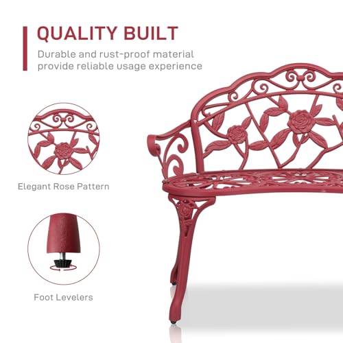 Image of VINGLI 38.5 inch Patio Park Garden Outdoor Metal Rose Bench, 2-Person Cast Iron Cast Aluminium Frame Antique Finish Chair,Accented Lawn Front Porch Path Yard Decor Deck Furniture (Red, Rose)
