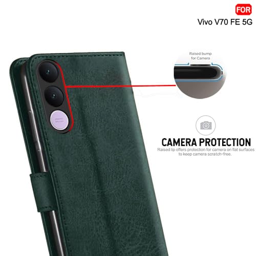 Image of TheGiftKart Genuine Leather Finish Flip Back Cover Case for Vivo V70 FE 5G | Inbuilt Pockets & Stand | Wallet Style | Designer Button Magnet Flip Back Cover Case (Faux Leather, Green)