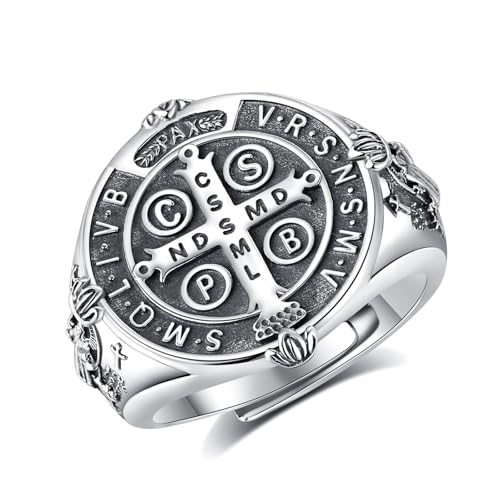 Bague Saint Benoît argent sterling 925 bague de protection croix Ankh femme homme
