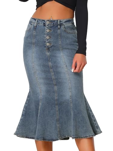Allegra K Falda vaquera para mujer, falda midi de cola de pez lavada, Gris azul, Large