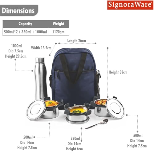Image of SignoraWare All Steel Fusion Jumbo Stainless Steel Lunch Box | Airtight & Leakproof | Ideal for Office, School, Travel & Outdoor Use (500mlx2 + 350ml + 1 LTR | Set of 4 | Black)