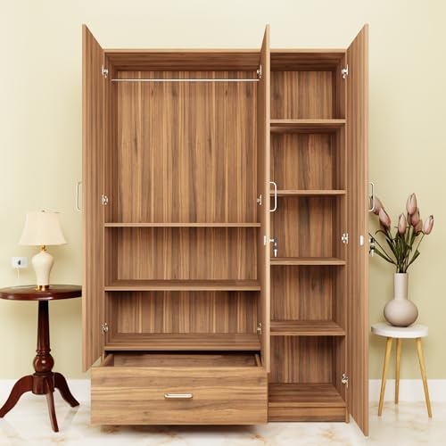 Image of VIKI Wardrobe |Wooden Almirah for 3 Door Wardrobe with 1 Drawer & Hanging Space (Brussel Walnut - 40D x 120W x 180.8H) | 1 Year Warranty | Free Assembly