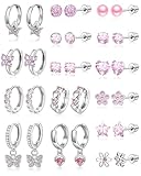 Tornito Juego de 15 pares de aretes de rosca para mujer, de acero inoxidable, para cartílago, rosa, multicolor, circonita, corazón, gato, flor, mariposa, estrella, aro, colgante, con rosca, 20 g, tono