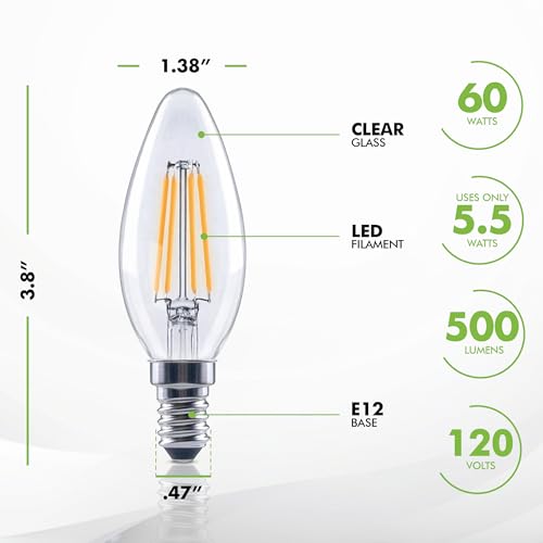 Image of KOR E12 Candelabra Bulbs, 12 Pack, Dimmable LED Candle Bulb, 60W Equivalent, 500 Lumens, 5.5W, 2700K Warm White, UL Listed, Vintage B11 Clear Glass Filament Light Bulbs for Chandelier, Ceiling Fans