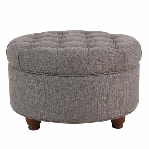 Homepop Home Decor | Button Tufted Woven Round Storage Ottoman | Ottoman with Storage for Living Room & Bedroom (Dark Gray)