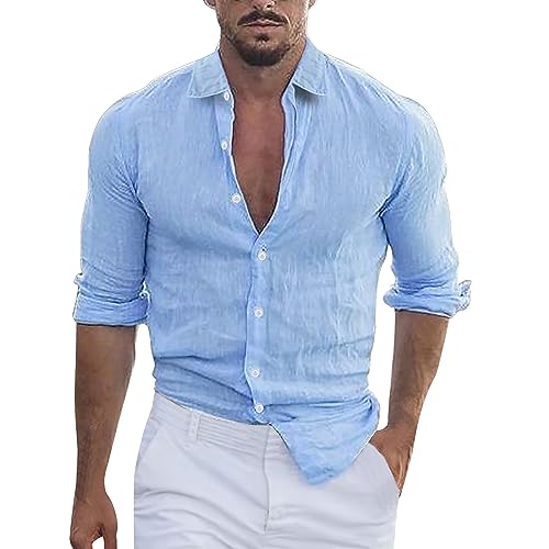 Camisa de Lino Hombre Manga Larga Cuello Mao Verano Playa Casual Transpirable Algodón Suave Fresco Ligero Caballero Slim Fit A189