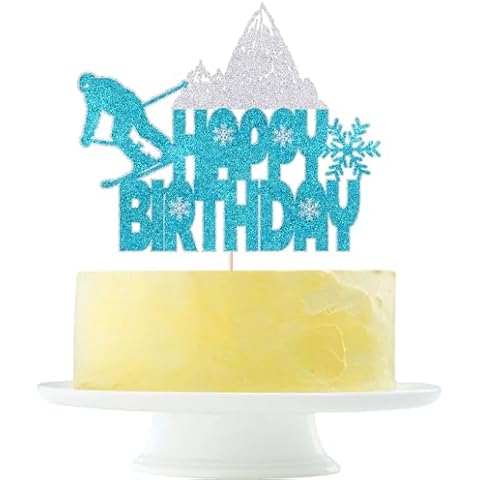 Skiing Happy Birthday Cake Topper winter Sports themed birthday party decorations Ski lovers birthday theme decoration Ski sports theme birthday party decoration（Blue and silver glitter） Cover