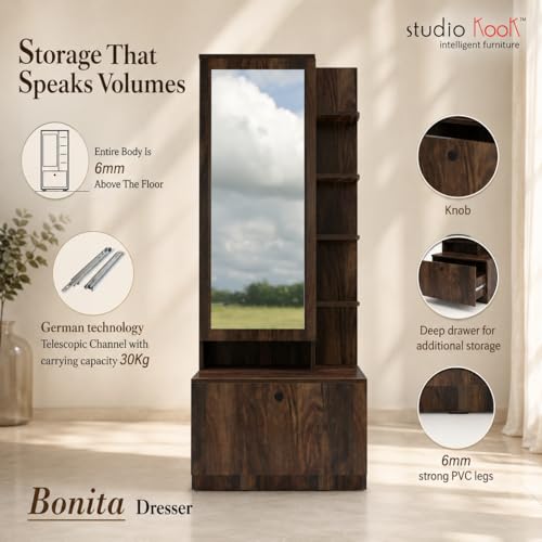 Image of Studio Kook Bonita Dressing Table with Mirror & Storage, Junglewood | Engineered wood dresser with a tall mirror, concealed cabinet, five open shelves and deep 30 kg drawer; 70 x 40 x 180 cm.