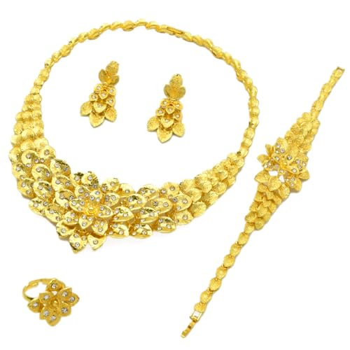 Image of GEHNEY joy of jewels 24k Gold Plated Choker Jewellery Set for Women - Earrings Ring & Bracelet Gold Necklace Set for Women Stylish - Bridal Necklaces for Women Golden with Cubic Zirconia CZ Stones