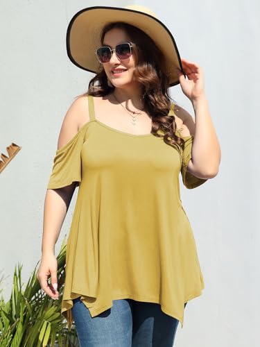 Image of LARACE Cold Shoulder Tops for Womens Summer Clothes Spaghetti Strape Tunic Oversized Shirts Asymmetrical Plus Size Blouse