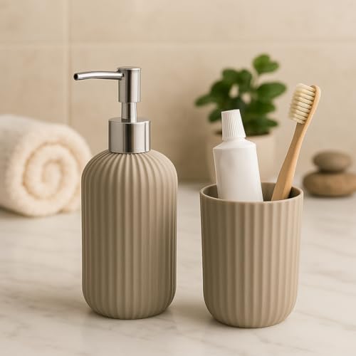 Image of LAGET Bathroom Accessories Set for Utility and Toothbrush Holder Bathroom Decor | Handwash Liquid Soap Dispenser Pump for Bathroom, Kitchen, Wash Basin, Sink Ribbed Design (Grey)