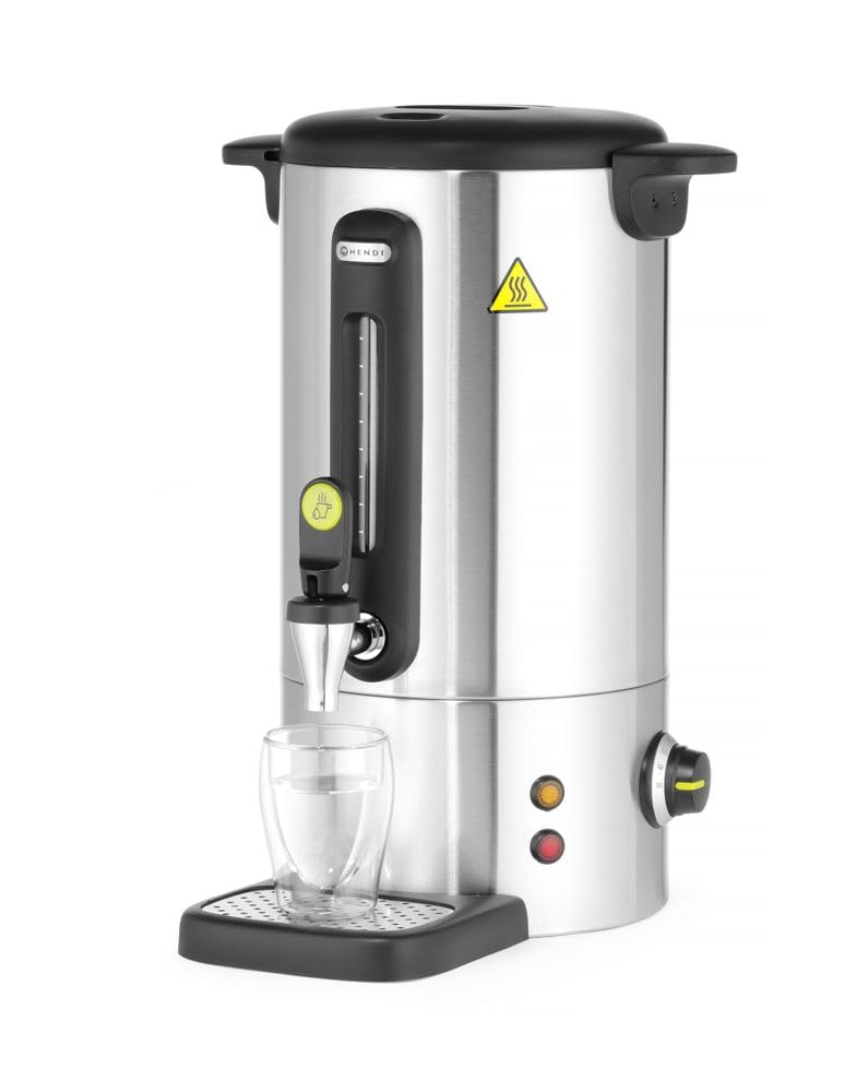 HENDI Hervidor de agua eléctrico 9L, dispensador de bebidas calientes, termo de una pared para vino, té, hasta 100°C, 230V, 50/60Hz, 950W, 307x330x(H)450mm, acero inoxidable satinado, PP