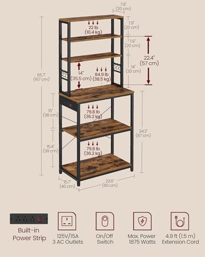 Image of VASAGLE Bakers Rack with Power Outlet, 23.6 Inches Coffee Bar for Kitchen with Storage, 6-Tier Kitchen Shelves with 6 Hooks, Microwave Stand, Industrial, Rustic Brown and Ink Black UKKS124K03