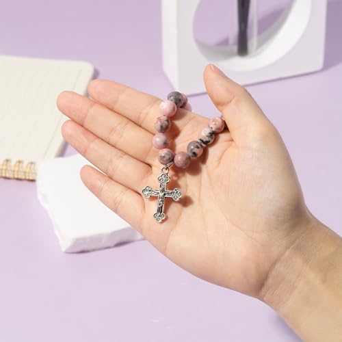 CJiangpo Natural Stone Cross Bracelet for Godparents, Christian Religious Cross Beaded Bracelets Godmother Godfather Proposal Gifts Catholic Jewelry for Christmas Baptism Gifts 5