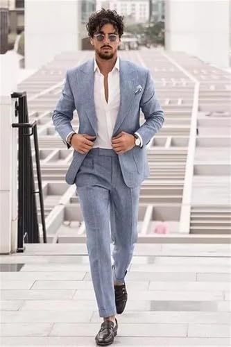 Men's Linen Suits Slim Fit 2 Piece Casual Summer Beach Wedding Suit Seersucker Suits Blazer Pants Set3