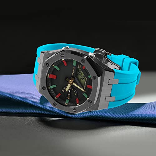 Image of GA2100 Stainless Steel Watch Case with Metal Watchband and Rubber Strap Mod Kit - Compatible with GA-2100 /GA-2110 /GA-B2100 Series - Watch Part Replacement