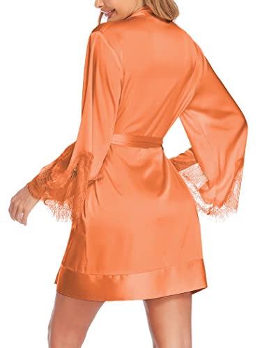 Ekouaer Robes For Women Lace Bridal Robe Short Satin Kimono Robe V Neck Bathrobe With Long Sleeve,Orange Xxl #TOP1