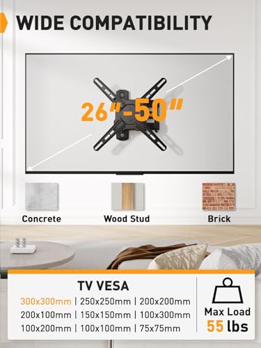Image of Perlegear Full Motion TV Wall Mount for 26-50 inch TVs up to 55 lbs | Rotation, Extension, swivel, tilt, level, heavy-duty steel, single-stud design, perfect for corners, max VESA 300x300mm