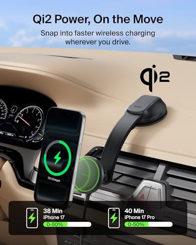 Image of Belkin Wireless Car Charger, MagSafe Phone Holder & Car Dash Mount w / 1M USB C Cable, Qi2 MagSafe Compatible Fast Charging iPhone Charger for iPhone 17, Galaxy S26, Pixel 10, Road Travelers, Black