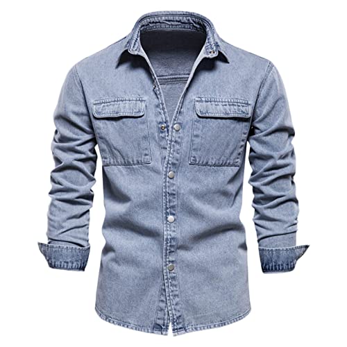 Mens Slim Fit Washed Denim Work Shirts with Chest Pockets Classic Long Sleeve Button Down Lapel Collared Truck Shirts(Xa-Bue,Large)