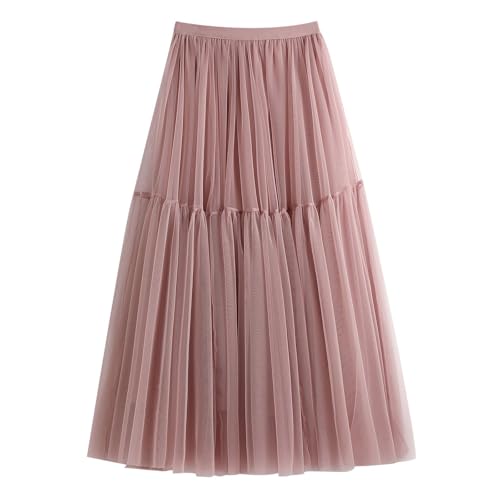 Falda larga de princesa de tul, acampanada, cintura alta, dobladillo de malla, faldas lisas, falda larga, elegante, falda casual, falda de cintura alta, faldas tutú para mujer, rosa, Talla única