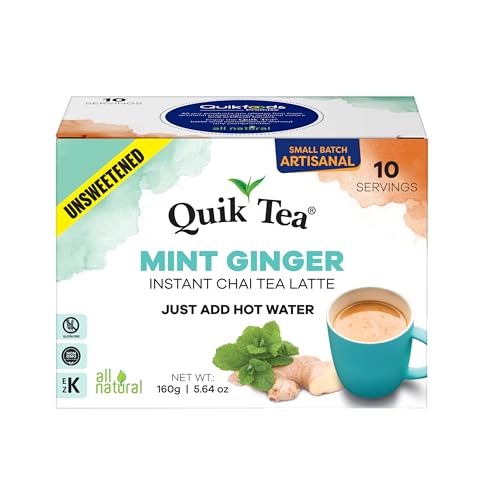 QuikTea Mint Ginger Unsweetened Chai Tea Latte – 10 Count, Bold Mint Ginger Flavor, Naturally Caffeine-Light, no preservatives, No Sugar Added – Just Add Hot Water