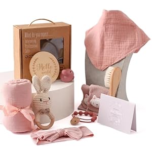 WOODEN TEETHER 10-Teilig Baby Geschenk Mädchen Set, Geschenk Mädchen Junge für Neugeborene, Badetücher, Schnullerkette, Rassel, Meilensteinkarten, Lätzchen, Socke, Bürste, Babyparty(Rosa)