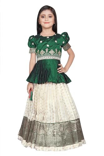 Image of FELIZ THE DESIGNER STUDIO Jecquard Silk Traditional Wear Pattu Pavadai Lehenga Choli Set Kids Girls (BIT-Pokemon-DOT Green-White 5 6 Years)