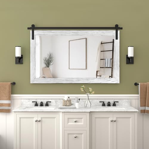Image of COGOOD Farmhouse Barn Door Mirror - 41 inch x 26 inch Rustic Wood Framed Wall Mirror for Bathroom, Living Room, Bedroom Wall Decor (White)