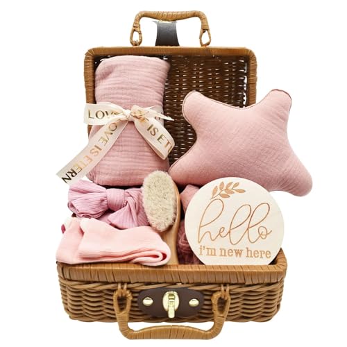 YTACREA 7 Pièces Cadeau Naissance Fille Garcon, Bebe Coffret Naissance, Cadeau Baby Shower Avec Couverture, Serre-Tête, Brosse, Chaussettes, Carte Etape...
