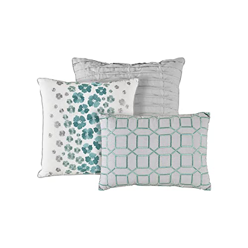 Lanwood Home Claire Cotton 10-Piece Comforter Set, Includes Comforter, Bed Skirt, 2 Standard Shams, 2 Euro Shams, 3 Throw Pillows & Throw Blanket, Teal Floral, Full #TOP3