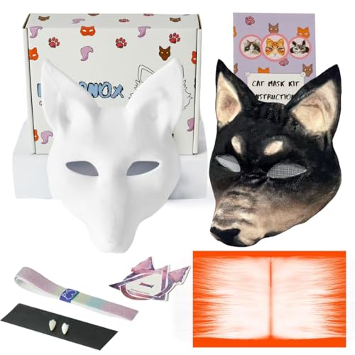 KemonoX Therian Canine Wolf Mask Kit - White Fleeced Wolf Mask Base with Faux Fur Eye Mesh and Cat Like Fuzzy Fabric - Felted for You Skip the Messy Work