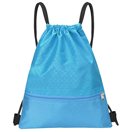 Image of Drawstring Backpack Bag, Waterproof Draw String Back Sack with Zip Pocket, Gym Drawstring Bags Swim Bag for Men Women
