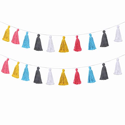 Image of Mokof 2 Pack Cotton Tassel Garland, Colored Tassels Banner Decorative