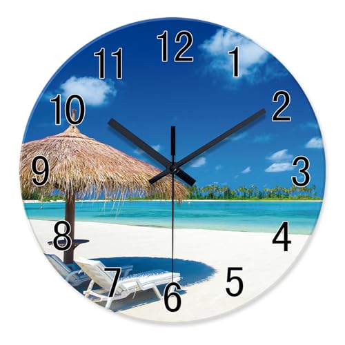Image of XFM Blue Beach Wall Clock 12 Inch Silent | Non-Ticking Battery Operated Modern Glass Tropical Summer Coastal Decorative for Living Room Kitchen Bedroom Office