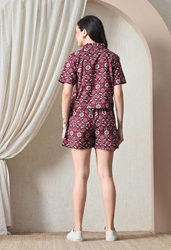 Image of Women Cotton Pajama Set Shirt & Shorts | Co-Ord Night Suit Soft Breathable Printed Sleepwear Lounge Wear Comfortable