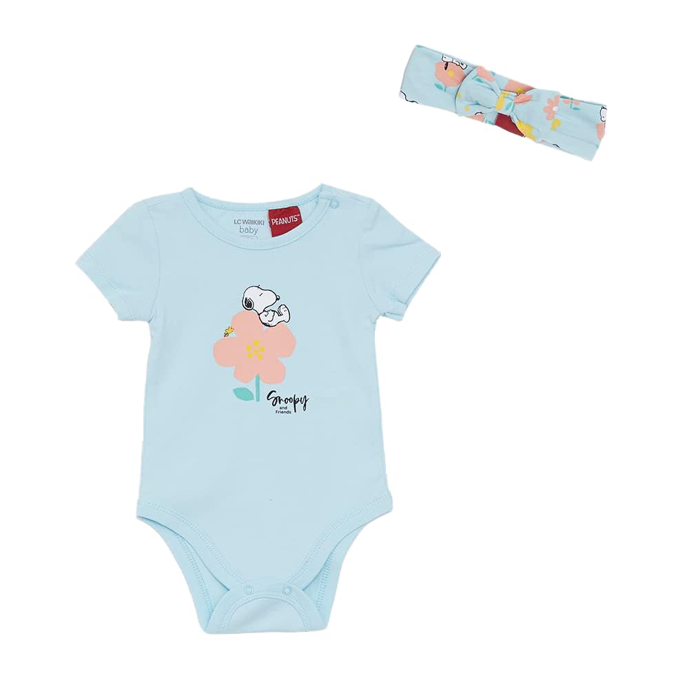LC WaikikiBaby-Girls S2BI79Z1 Crew Neck Short Sleeve Snoopy Printed Cotton Baby Girl Snap Body Shorts And Hair Band 3 Piece Set