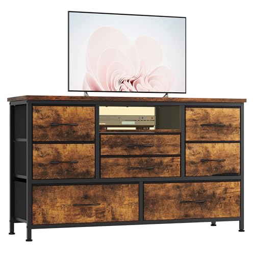 Garvee Commode de Chambre 8 Tiroirs en Tissu, Meuble TV avec Lumière LED, Station de Charge,...