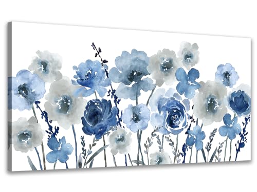 VEAEE Flowers Canvas Wall Art - Indigo Floral Canvas Pictures Living Room Wall Decor Botanical Canvas Prints Painting Abstract Artwork Bedroom Office Home Decor 29"x 58"