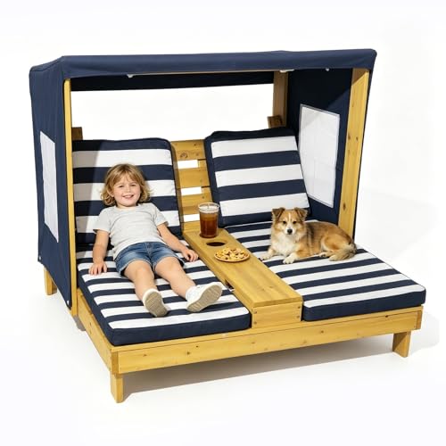 ZYZSY Juego de Tumbona de Playa para niños con cojín Suave y sombrilla Ajustable, Sillon de Madera con Portavasos - Adecuada para Niños Pequeños a Partir de 18 Meses(Blue)