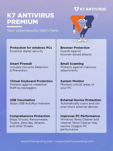 Image of K7 Antivirus Premium 2026 |2 Users, 3 Years | Antivirus, Smart Firewall and Intrusion Detection for Windows Laptop or PC | 2hr Email Delivery