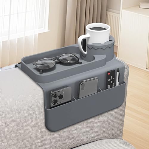 PANZIYU Couch Cup Holder Tray, Silicone Sofa Armrest organizer with Assesory Side Pockets for storage Remotes, Cell-phone,Tablet or Snack, Anti-Spill and Anti-Slip Couch Drink Holder Caddy(Gray)