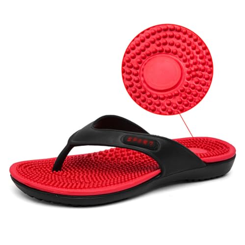 Mens Flip-Flops Massage Slippers,Flat Bottomed Acupressure Massage Shoes,Relief Plantar Fasciitis Heel Arch Arthritis Pain,Outdoor Anti Slip Soft Soles Sandals(Size:EU 41,Color:Red)
