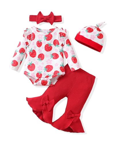 SODLON Newborn Baby Girl Clothes Infant Winter Fall Spring Outfits Cute Gifts Stuff Long Sleeve Clothing Strawberry Romper Ribbed Bell Bottoms Flared Pants Outfit Sets Red 3-6 Months
