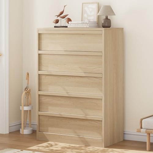 GarveeHome Cómoda de 5 cajones para dormitorio, moderna cómoda de 5 cajones altos con almacenamiento de cajones grandes, organizador de madera para sala de estar, guardería, entrada, color natural