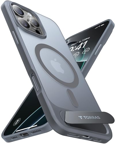 Image of TORRAS Strong Magnetic & Seamless Stand for iPhone 16 Pro Case, Fit for MagSafe, Military Grade Drop Tested Adjustable Kickstand Protective Slim Case for iPhone 16 Pro 6.3 inch, Natural Titanium,Deep Gray