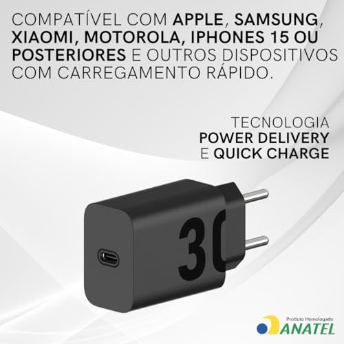 Carregador Super Turbo 30W Ultra Rápido Tipo C Com Carregamento Rápido + Cabo Tipo C Compatível Com