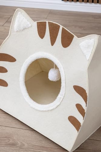 Generisch Katzenhaus mit Katzenohren & Spielball – Waschbares Katzenbett, Katzenhöhle & Kuschelbett mit Streifen-Design für Katzen und kleine...