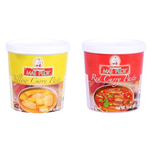 Mae Ploy Thai Curry Paste Bundle - Yellow and Red Curry Paste for Restaurant-Quality Thai Dishes, No MSG (14oz Tubs, 2-Pack)