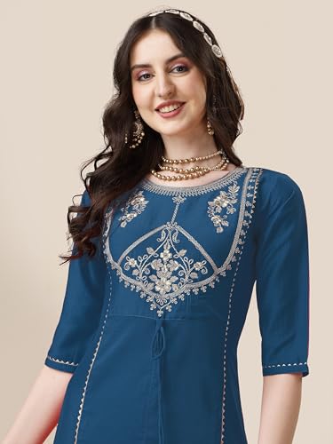 Image of EthnicJunction Women's Chinon Embroidered Straight Front Slit Kurta Palazzo & Organza Dupatta Set | Wedding | Heavy | Outfit | Suit